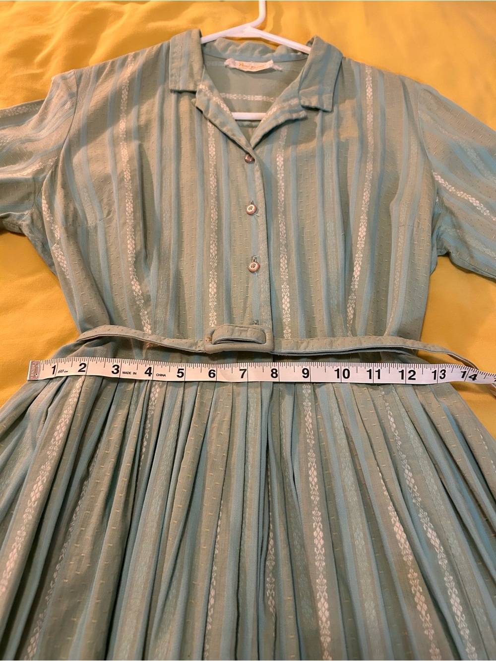 Vintage 60’s Light Teal Striped Button-Front Midi Dress with Belt - Picture 6 of 8